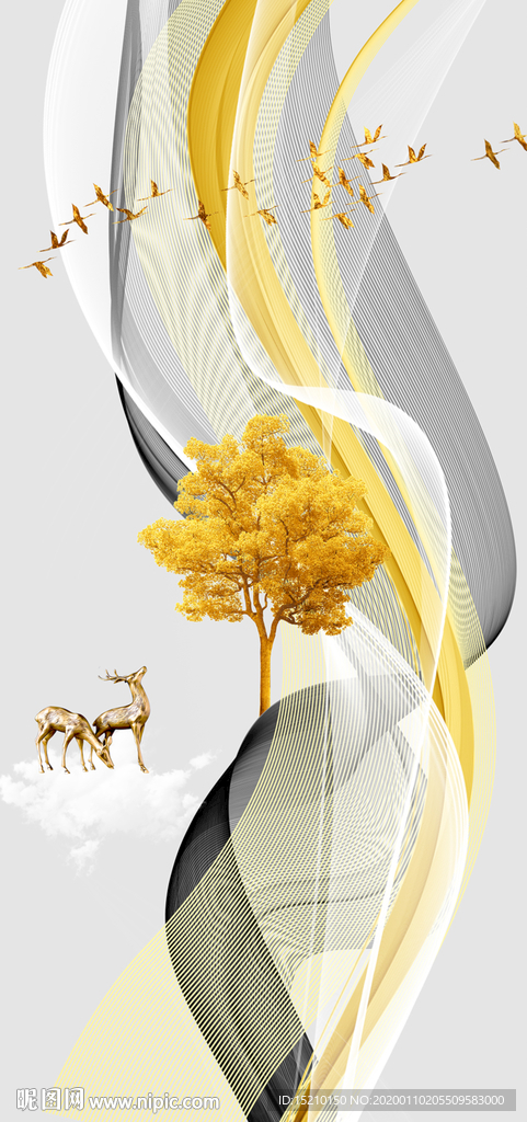 金色线条发财树玄关背景墙