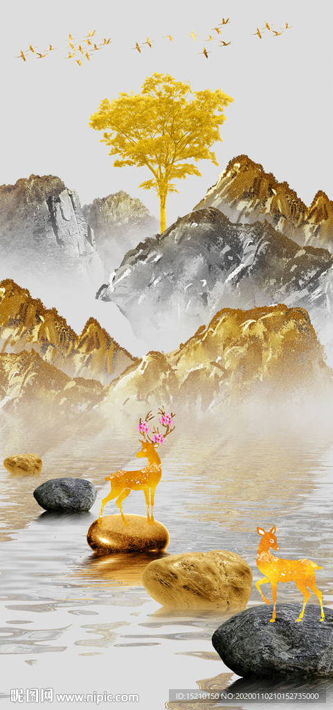 金色山水发财树玄关背景墙