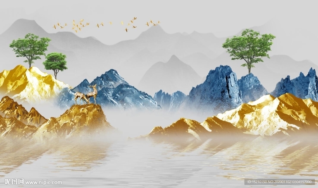 金色山水抽象树电视背景墙