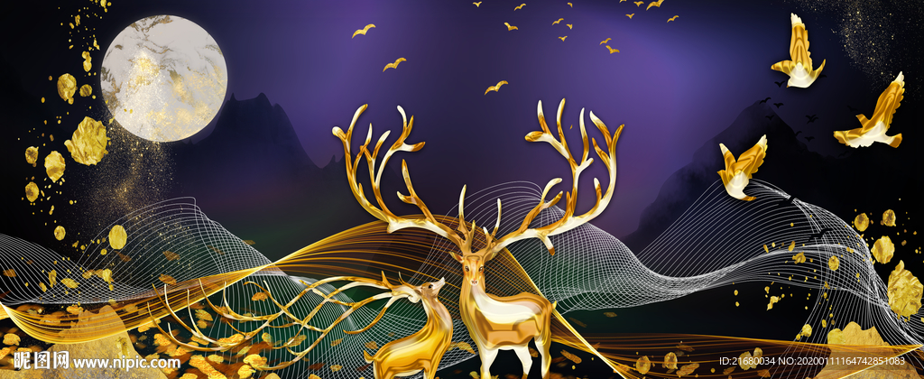 新中式发财树麋鹿晶瓷装饰画