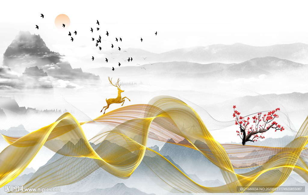 新中式抽象山水线条背景墙