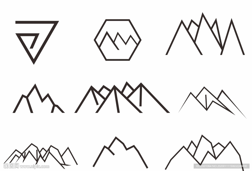 手绘集合山峰简笔画AI矢量图