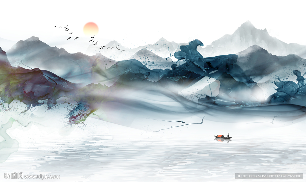 蓝色背景新山水画 TIF分层