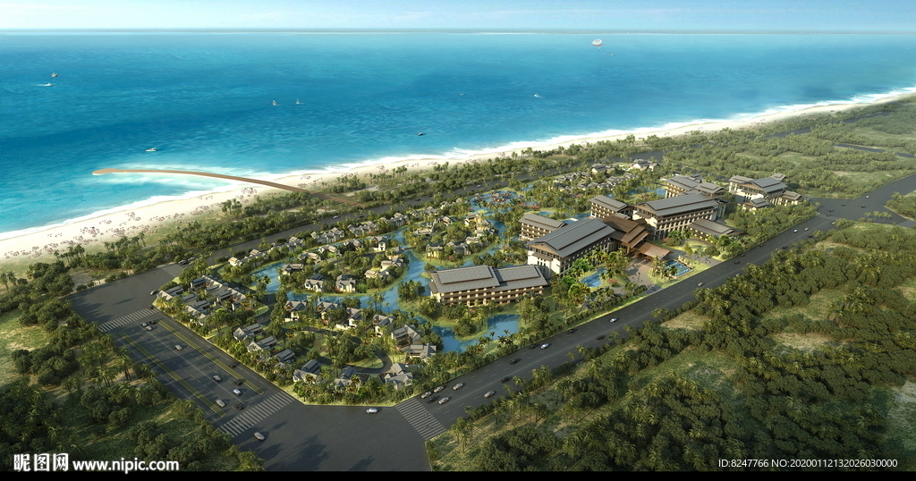 海边别墅住宅区鸟瞰建筑效果图
