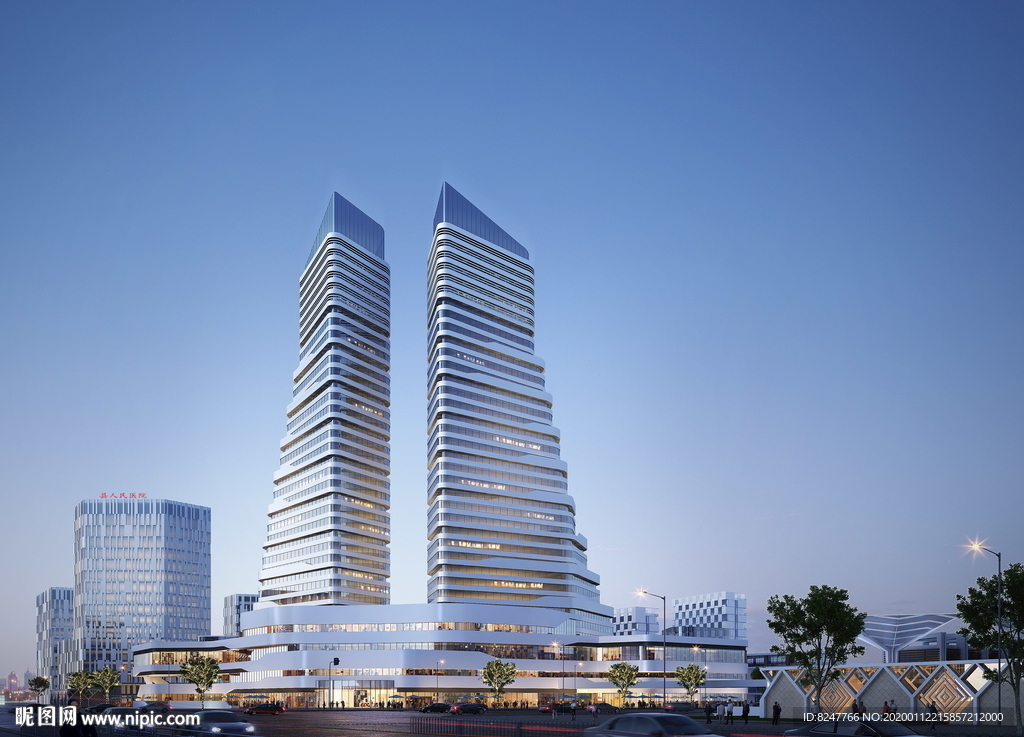 商业办公大厦夜景建筑效果图