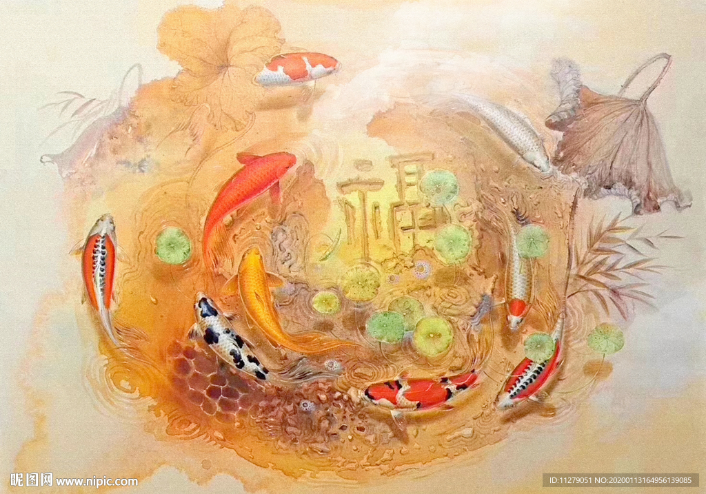 九鱼图油画
