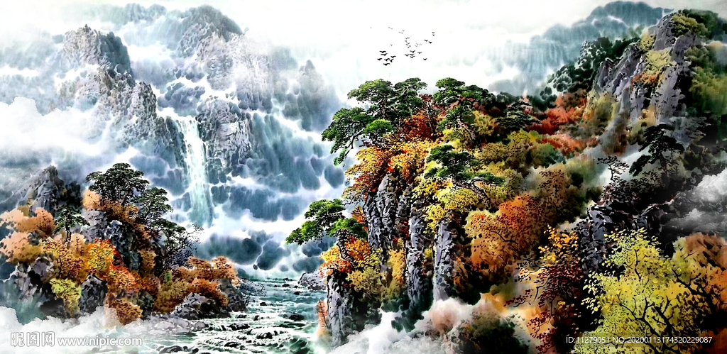 流水生财山水画水墨画