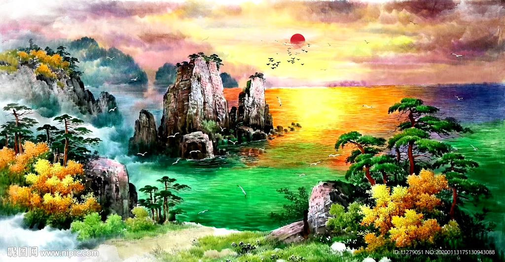 旭日东升山水风景画田园油画