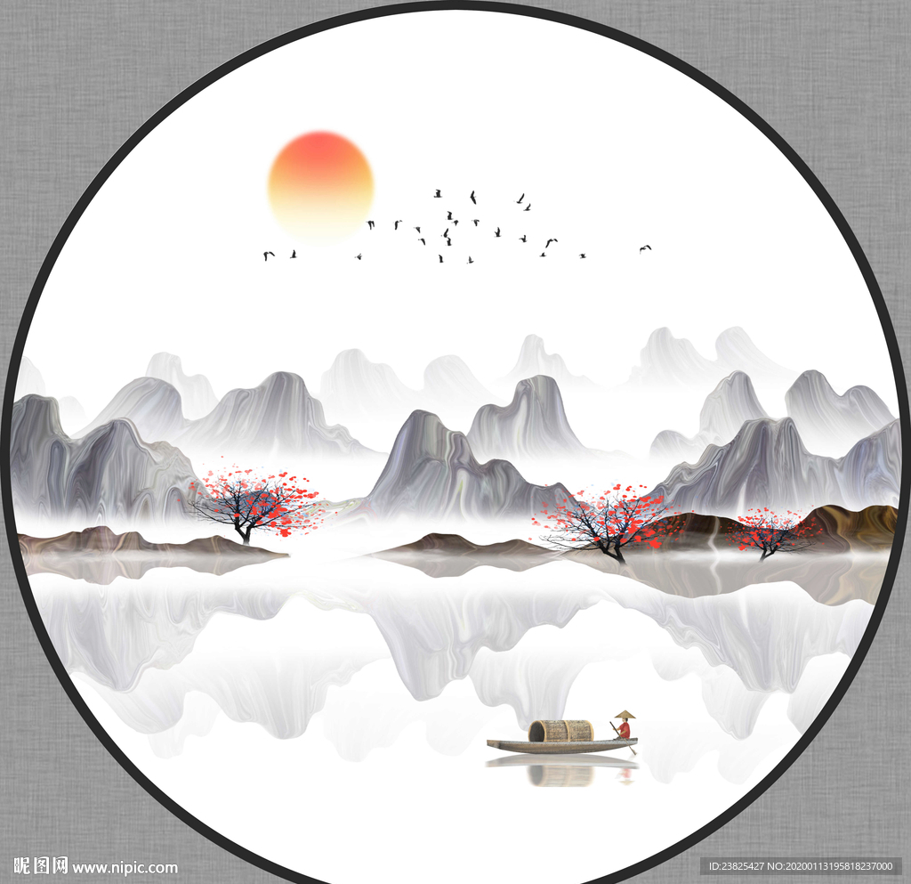 新中式抽象水墨山水圆形装饰画