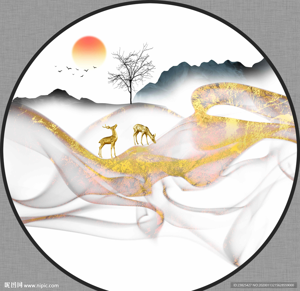新中式抽象金色山水麋鹿装饰画