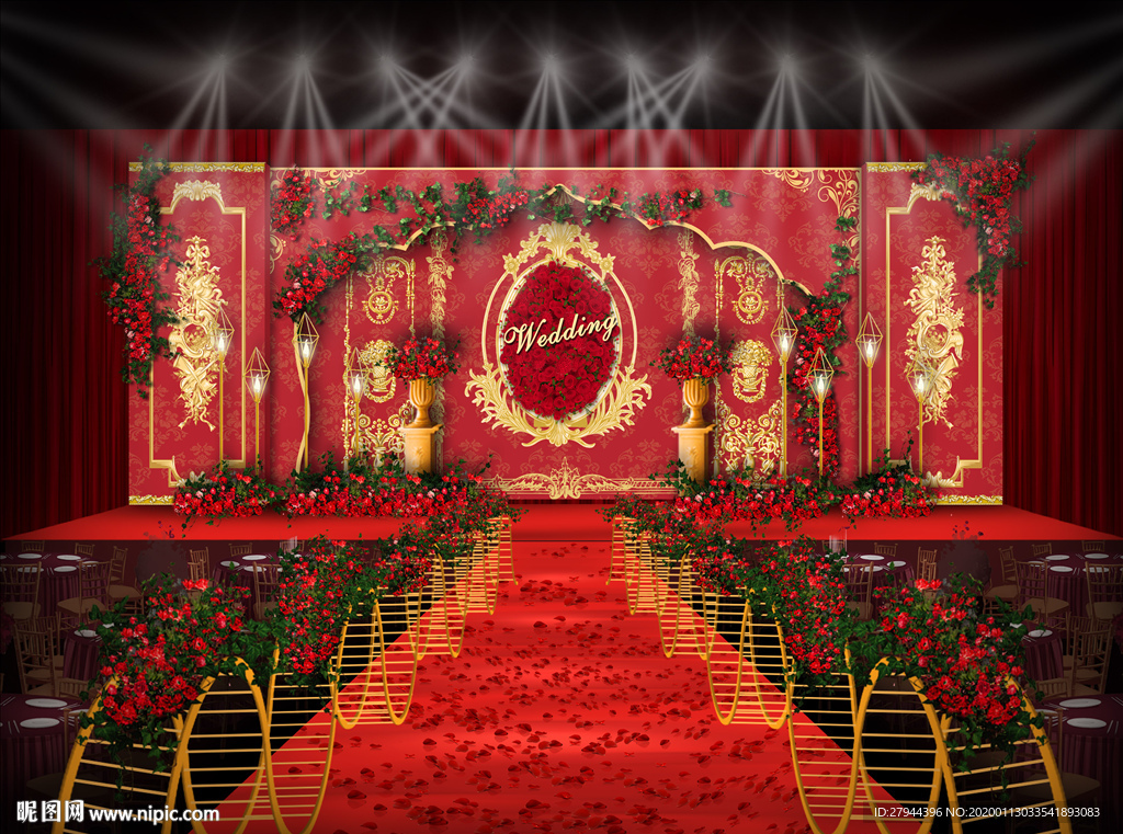 欧式红金色婚礼迎宾区