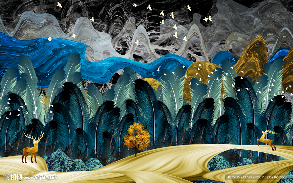 金色麋鹿装饰壁画 TIF分层