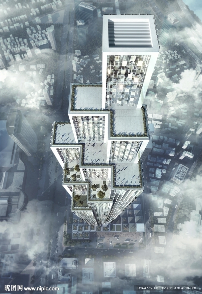 高层商务中心鸟瞰建筑效果图