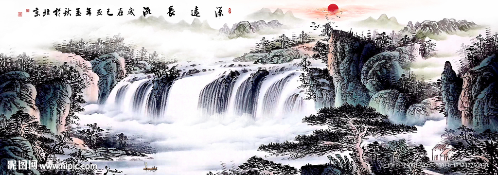 招财画山水画瀑布