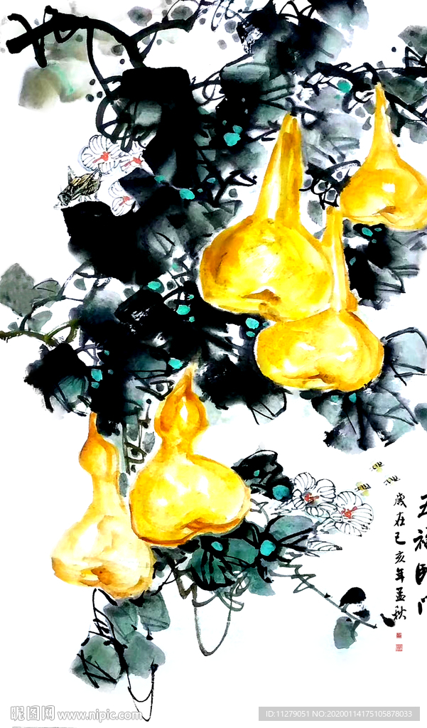 五福临门葫芦水墨画