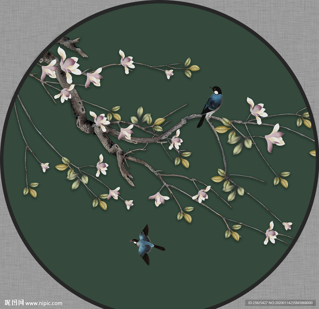 新中式手绘工笔花鸟圆形装饰画