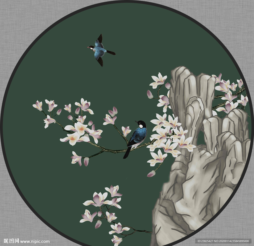 新中式手绘工笔花鸟圆形装饰画