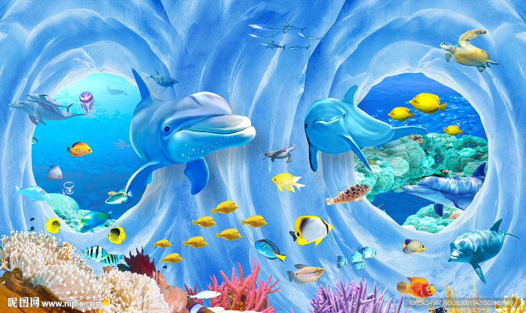 3d立体壁画海底世界背景墙图片