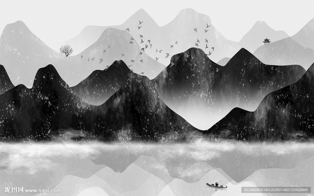 灰色山水意境国画 TIF分层