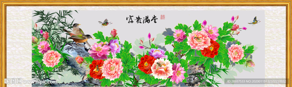 原创手绘牡丹花鸟富贵满堂装饰画
