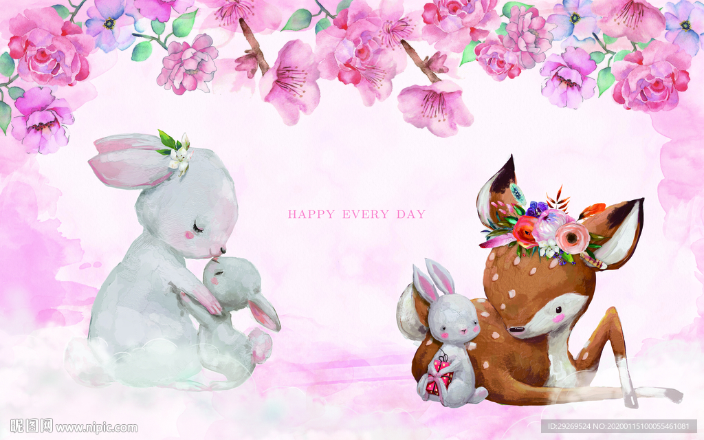 麋鹿母子兔子背景墙