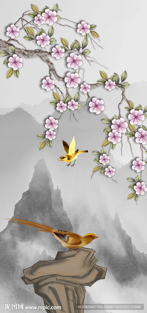 新中式手绘工笔花鸟玄关背景墙