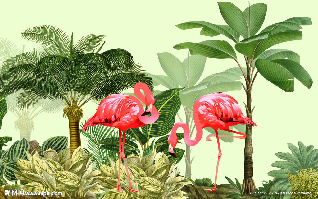 热带雨林植物火烈鸟背景墙图片