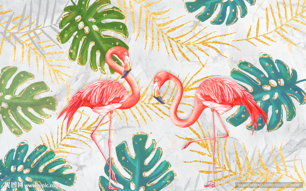 北欧简约大理石植物火烈鸟背景墙