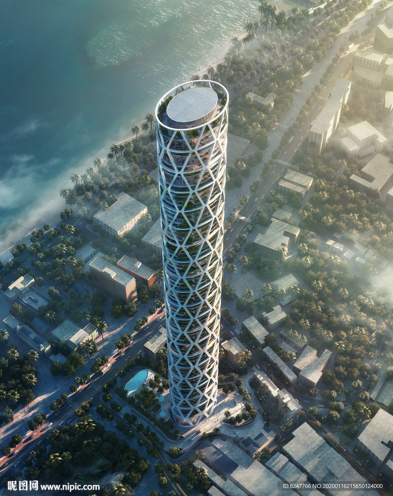 海边五星级酒店鸟瞰建筑效果图