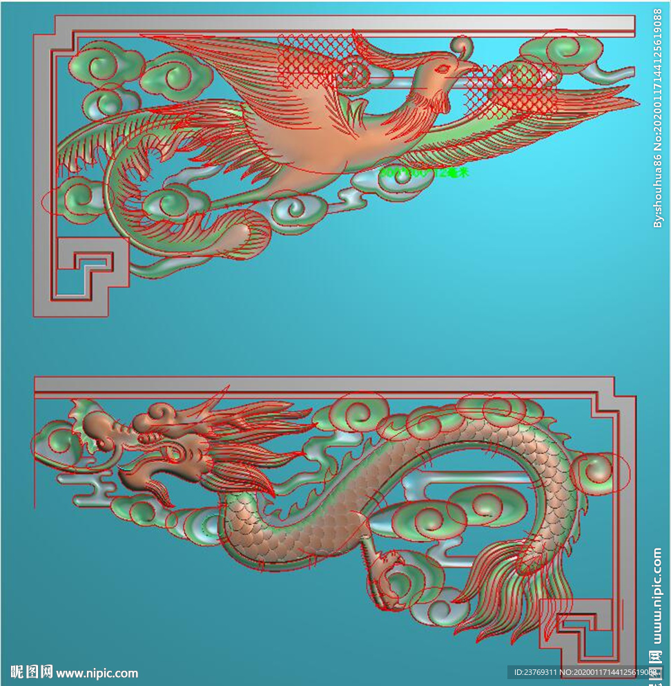 镂空龙凤角花雀替精雕图浮雕灰度