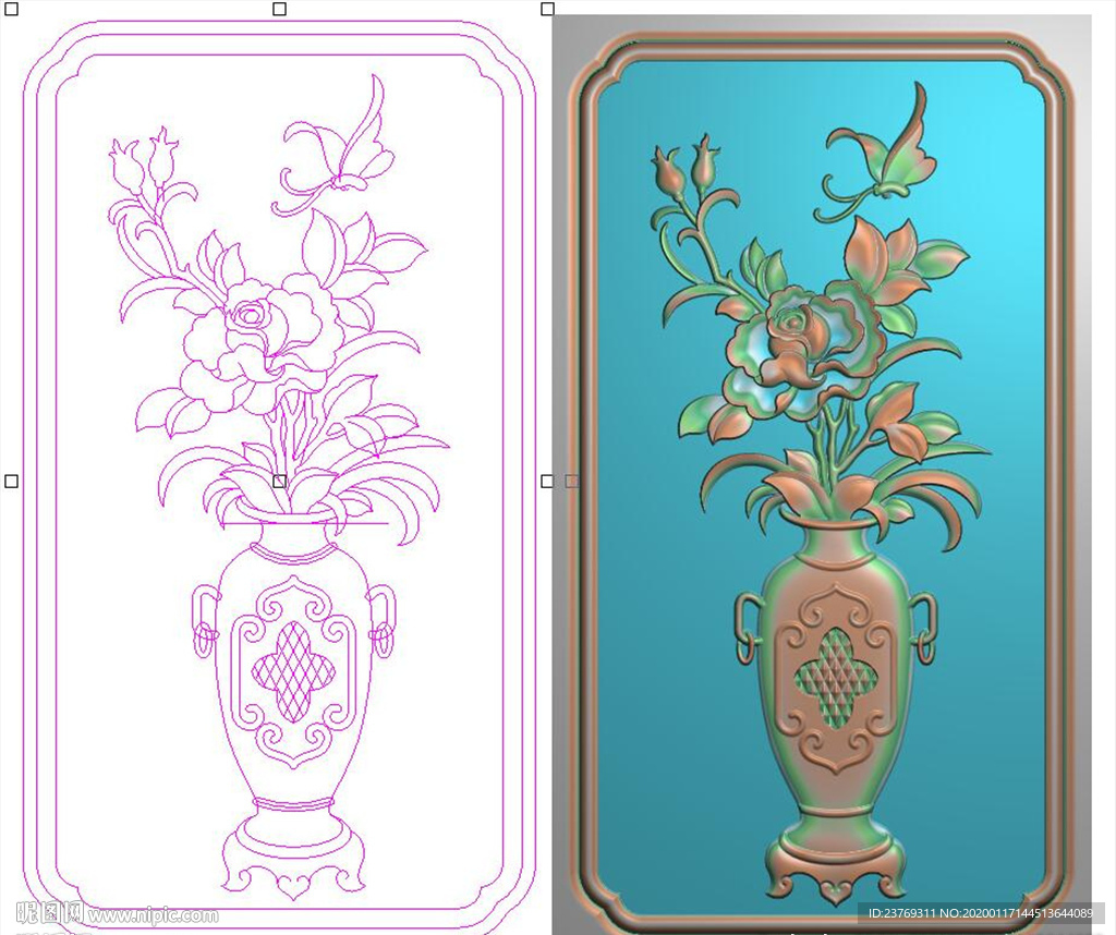 牡丹花蝴蝶花瓶背板靠背精雕图