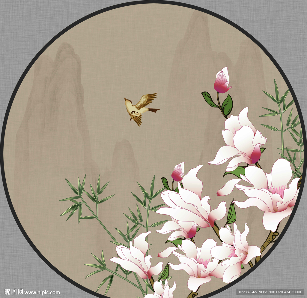 新中式手绘玉兰花鸟圆形装饰画