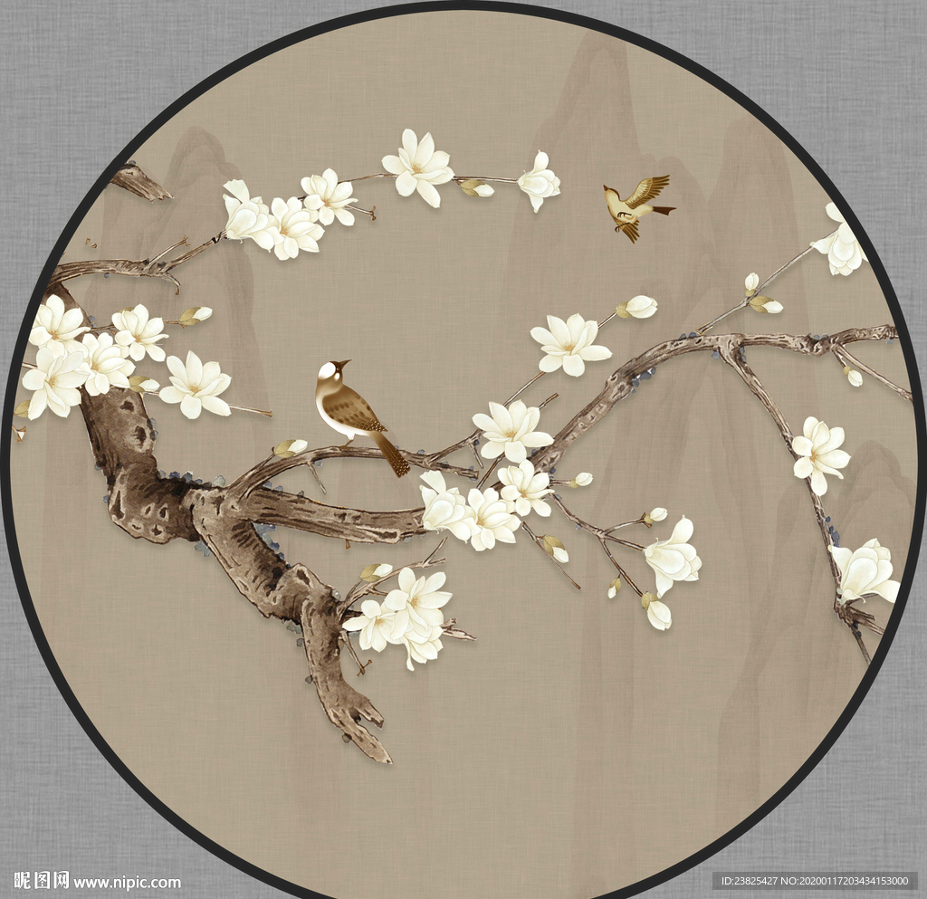 新中式手绘工笔花鸟圆形装饰画