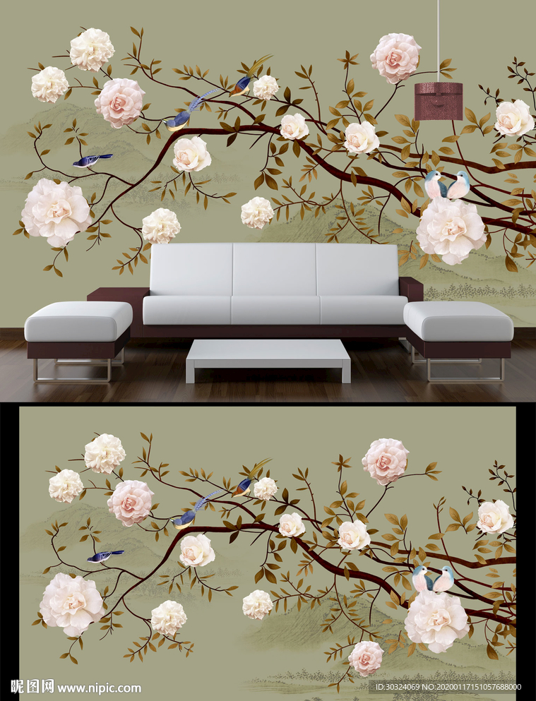 工笔花鸟电视背景墙