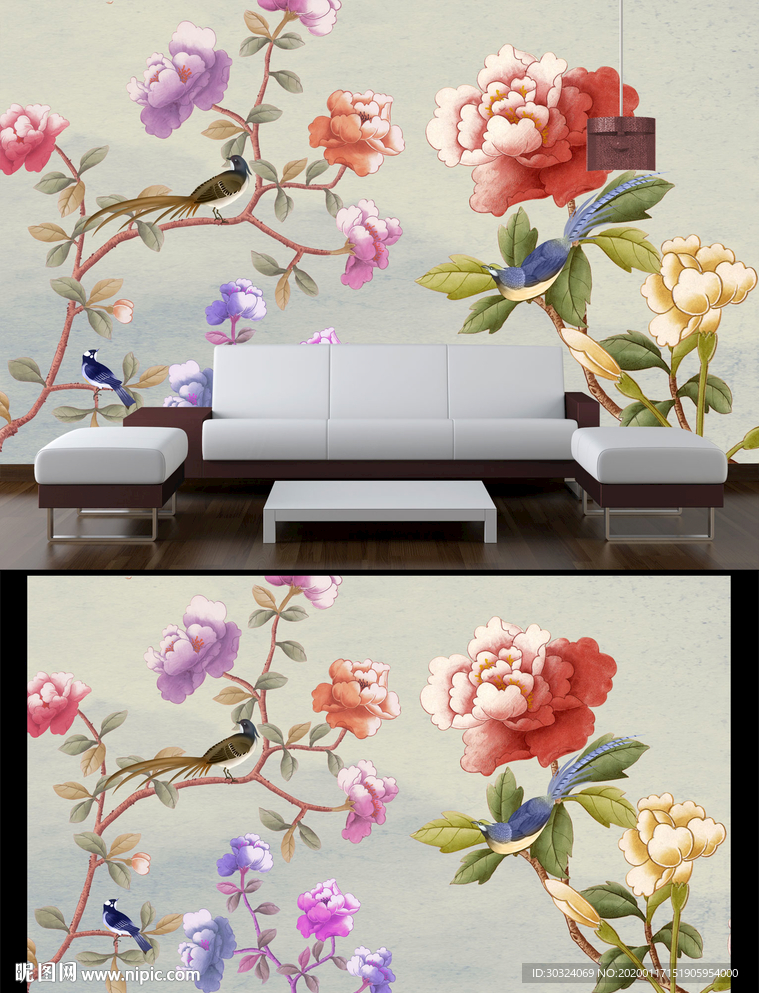 手绘花鸟背景墙