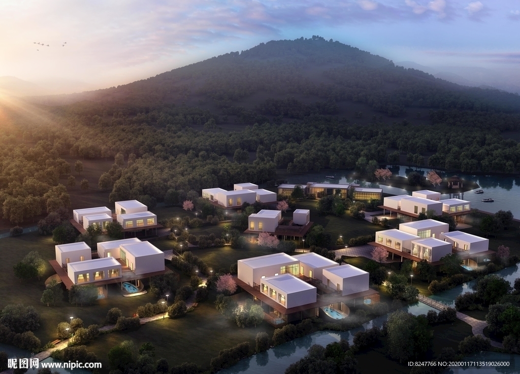 别墅住宅区黄昏建筑效果图