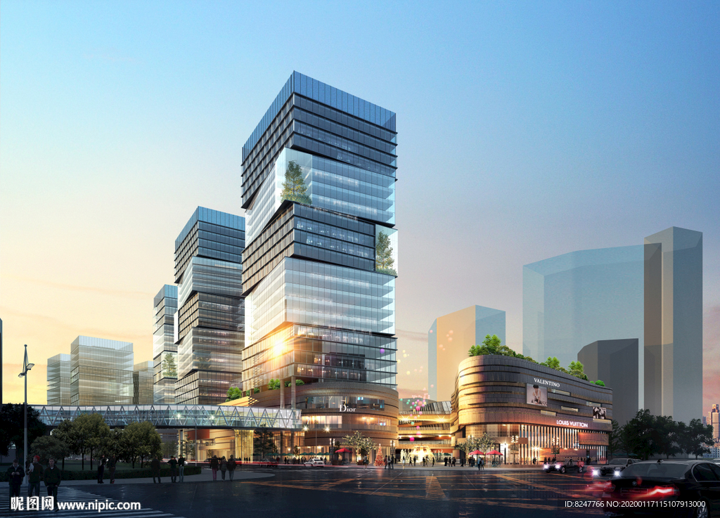 繁华商业街黄昏建筑效果图