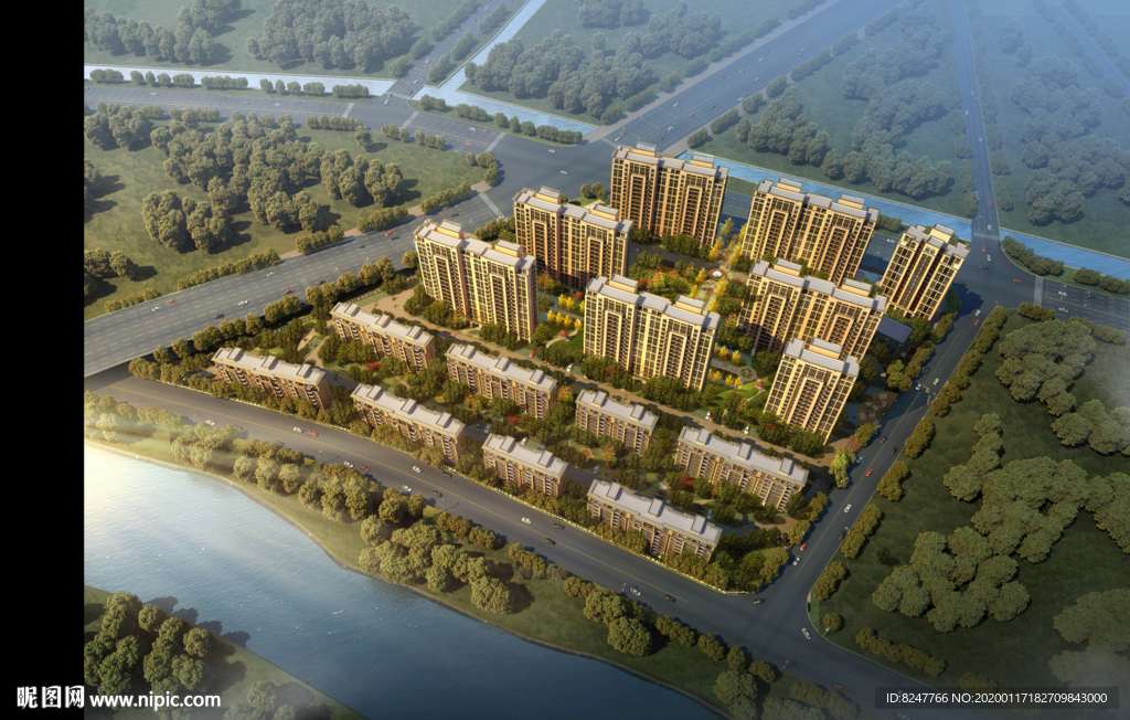 高档住宅区鸟瞰建筑效果图