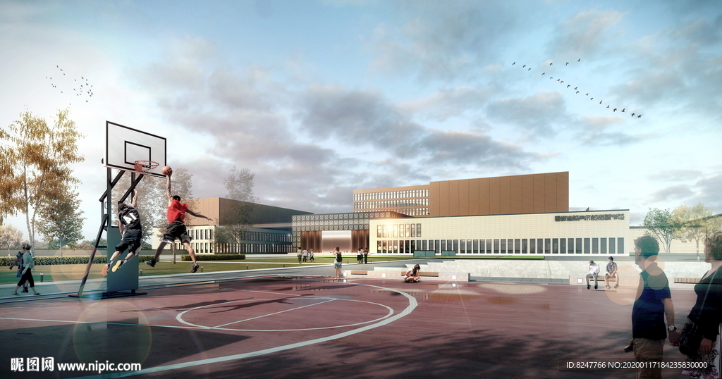学校篮球场景观建筑效果图