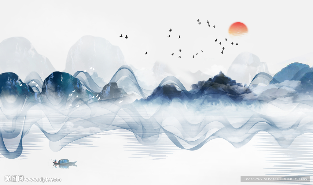 新中式水墨山水线条背景墙