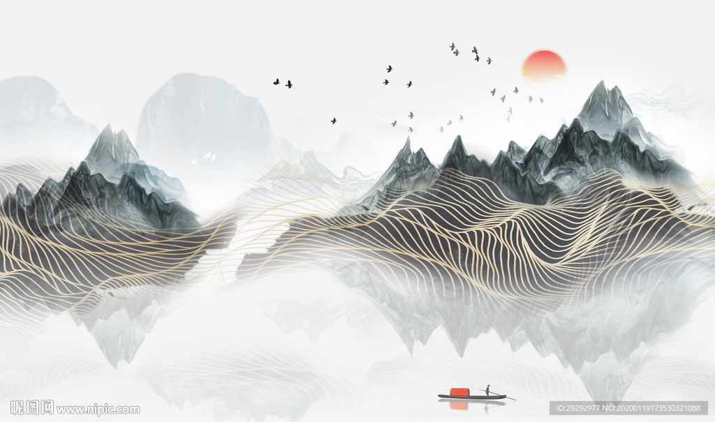 新中式水墨山水线条背景墙