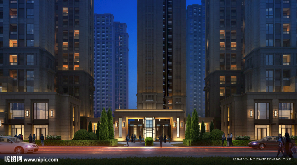 高档住宅区出入口夜景建筑效果图