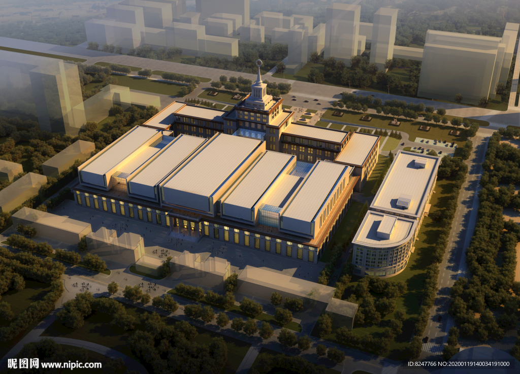 科技产业园黄昏鸟瞰建筑效果图