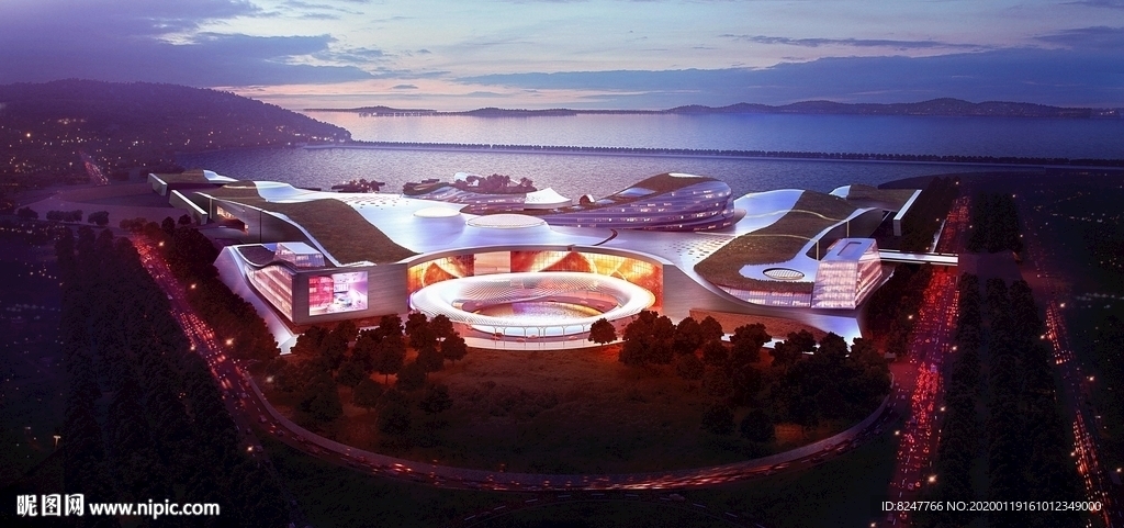 海边星级酒店夜景建筑效果图