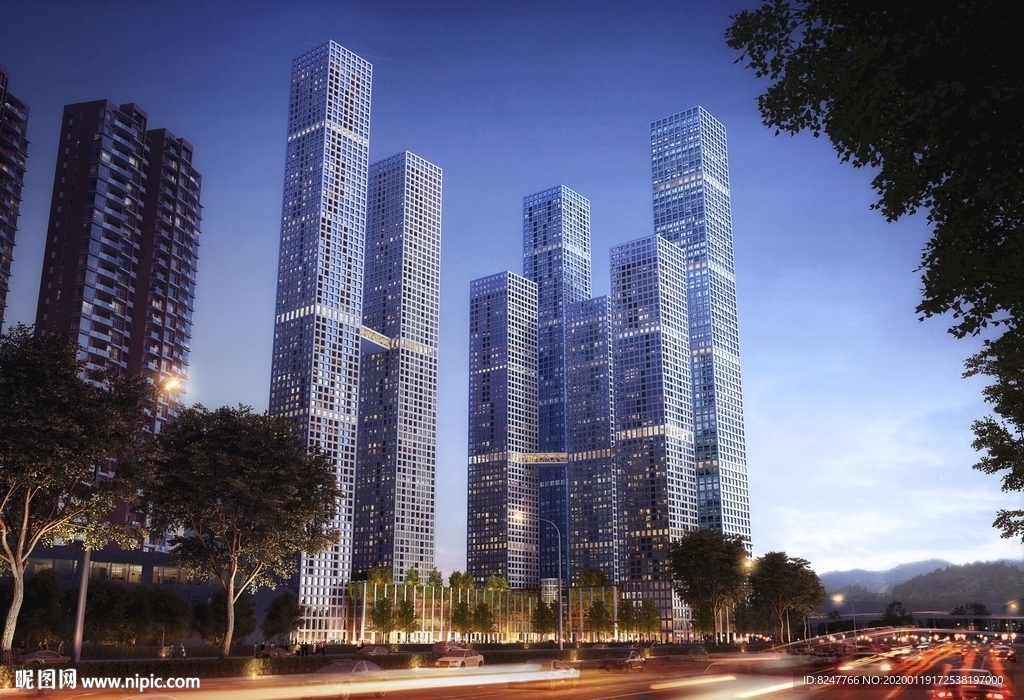 繁华都市夜景建筑效果图