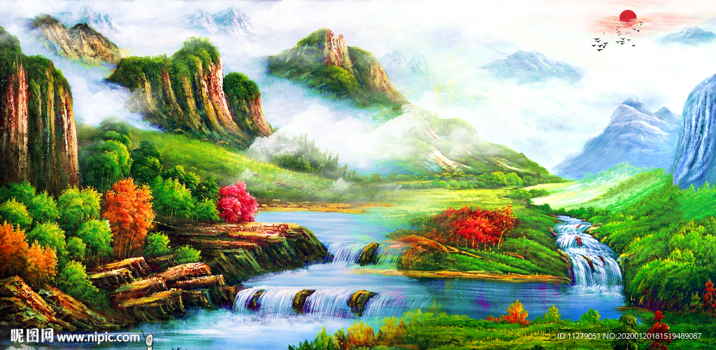 山水风景油画招财画