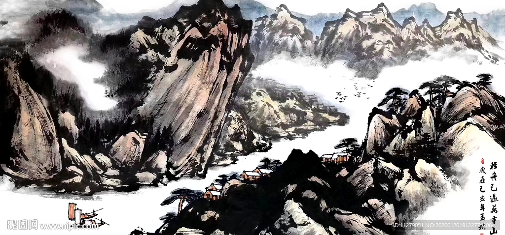 复古山水画水墨画