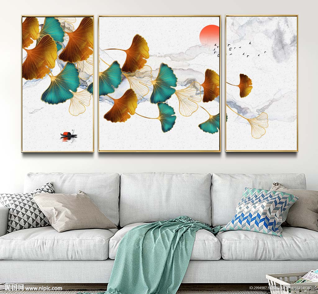 北欧轻奢银杏叶麋鹿三联装饰画