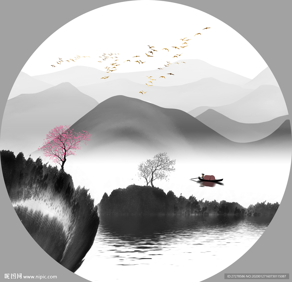 圆形山水画 水墨圆形山水