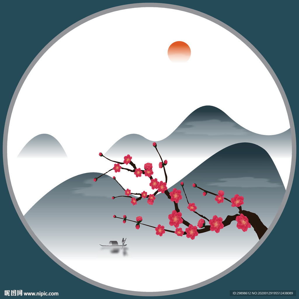 圆形水墨山水梅花矢量图